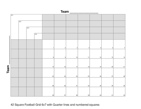 42 Square Football Grid 6x7 with Quarter lines and numbered squares